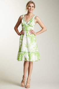 Silk Voile V-Neck Dress - Green Print
