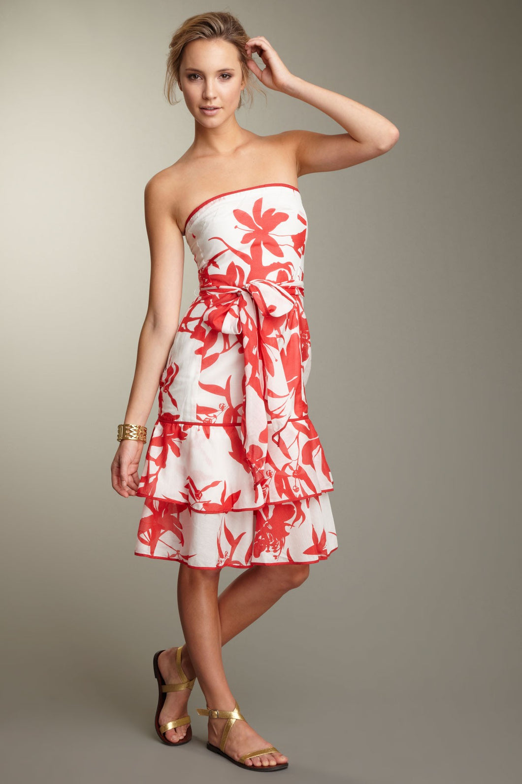 Silk Voile Strapless Dress - Red Print
