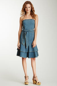 Ruffle Strapless Stretch Denim Dress - Denim Blue