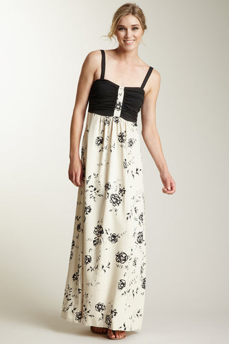 Tencel Printed Long Dress with Knit Top - Black/Khaki