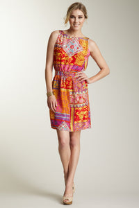 Silk Boat Neck Blousson Dress - Gypsy Reds Print