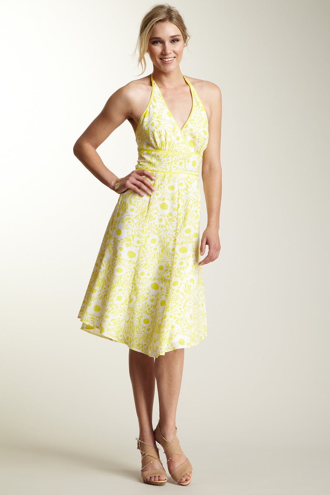 Cotton Pique Binded Halter Dress - Lemon Floral