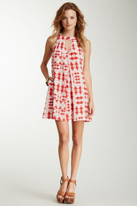 Box Pleated Dress - White-Red Brush Stroke