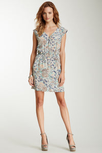 V-Neck Silk Dress - Blue Botanical Print