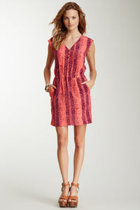 V-Neck Silk Dress - Plum Popcorn Stripe Print