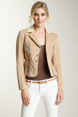 Embroidered Stretch Velveteen Cropped Jacket - Sand