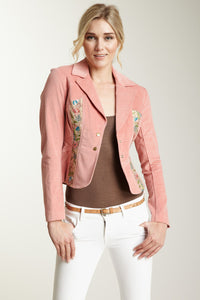 Embroidered Stretch Velveteen Cropped Jacket - Blush