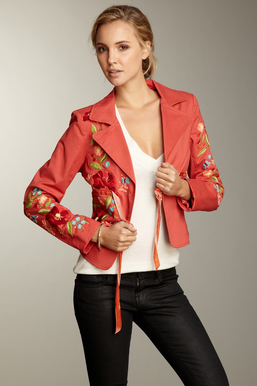 Hand Embroidered Brushed Twill Tie Jacket - Melon