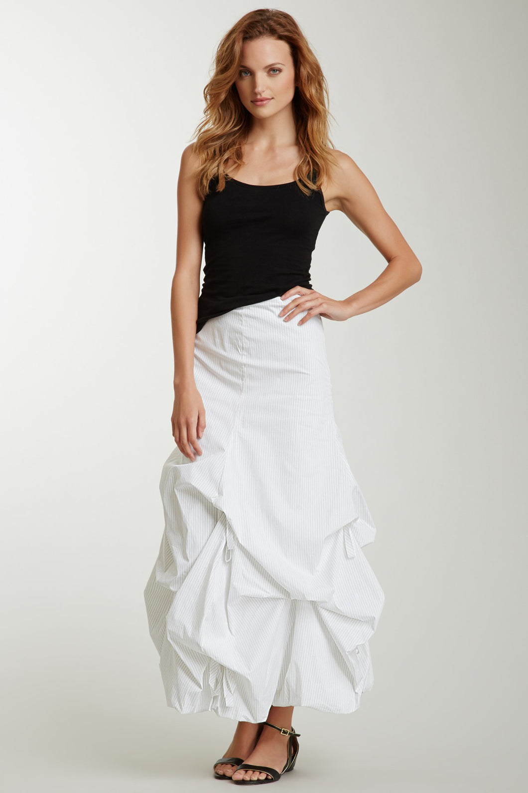 Stretch Poplin Balloon Skirt - White Pinstripe