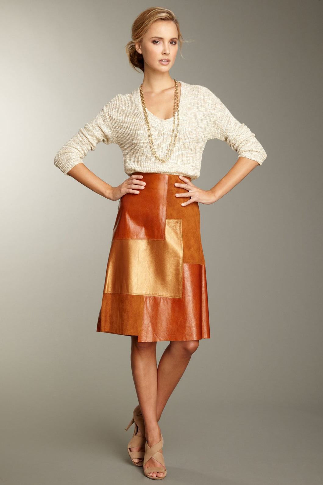 Patch A-line Leather Skirt - Rust