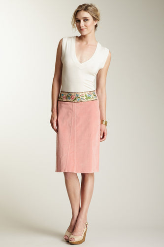 Embroidered Waistband Stretch Velveteen Skirt - Blush