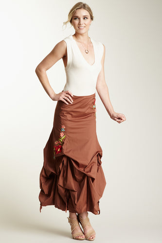 Embroidered Stretch Poplin Balloon Skirt - Brown