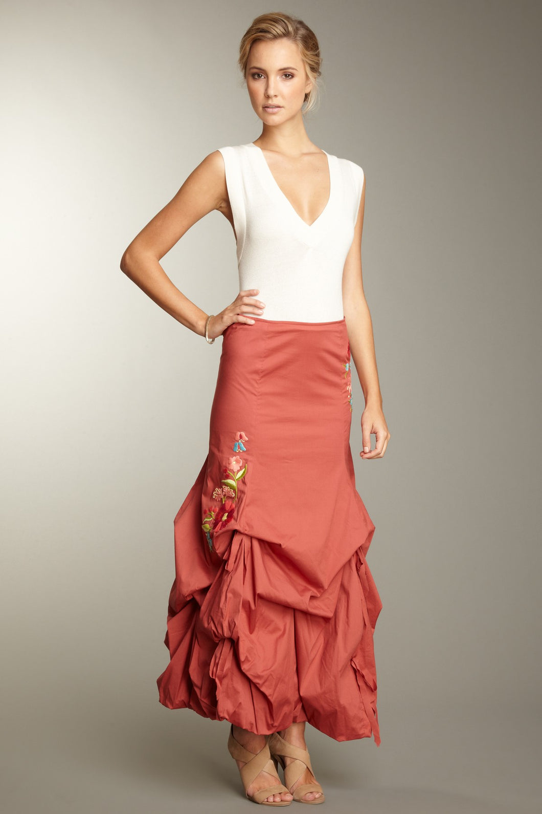 Embroidered Stretch Poplin Balloon Skirt - Melon