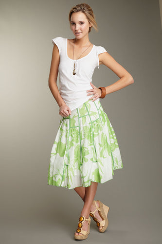 Silk Voile Ruffled Insert Skirt - Green Print
