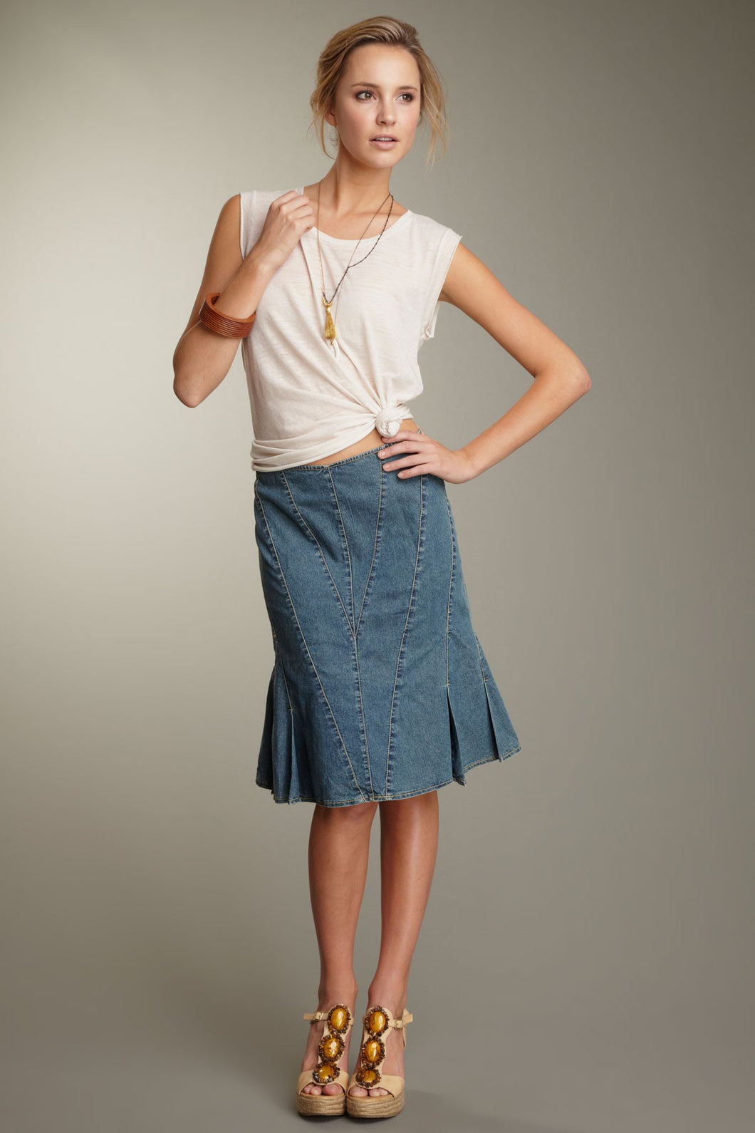 Stretch Denim Pleated Skirt - Blue Denim