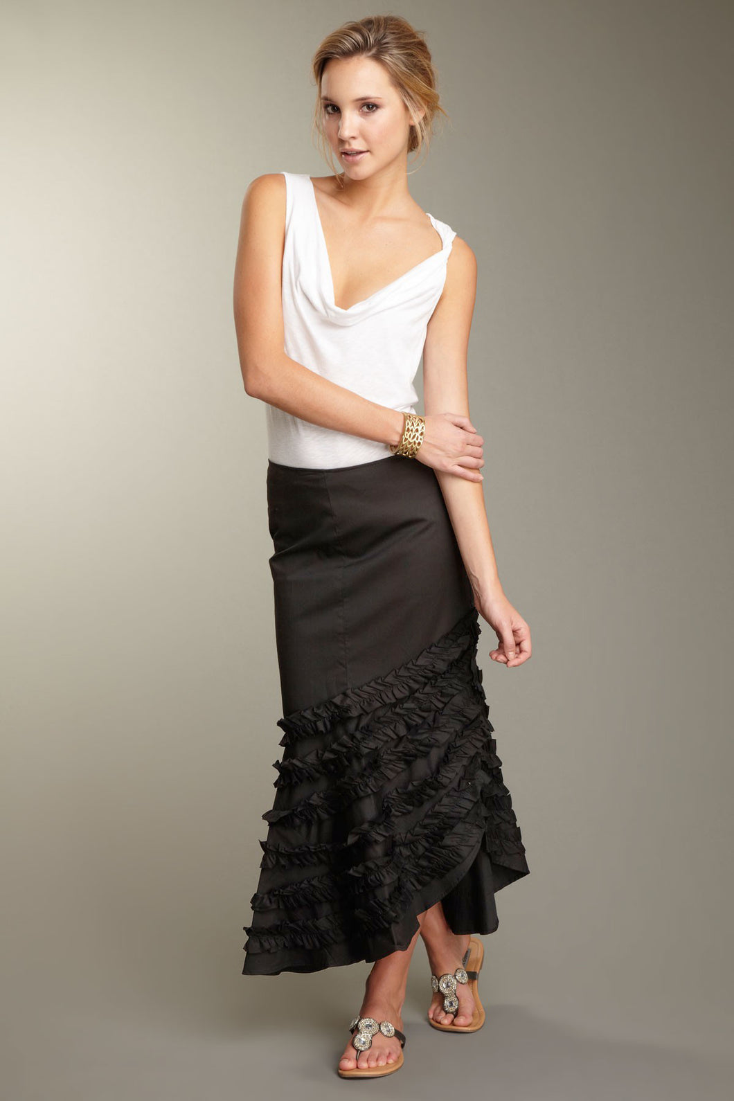 Stretch Poplin Flamenco Skirt - Black