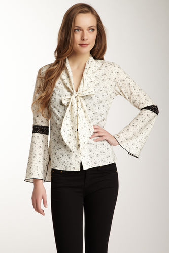 Lace Sleeve Scarf Shirt - Ivory / Black Ditsy Dot Print