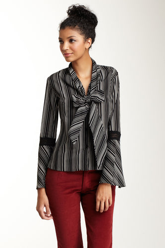 Lace Sleeve Scarf Shirt - Black / White Stripe
