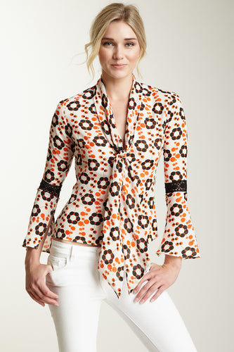 Lace Sleeve Scarf Shirt - Orange Flower