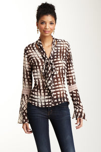 Lace Sleeve Scarf Shirt - Brown / Pink