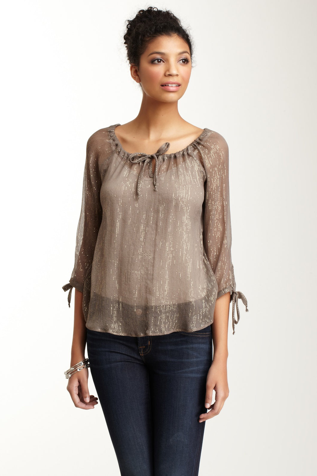 Silk Lurex Tunic Top - Taupe